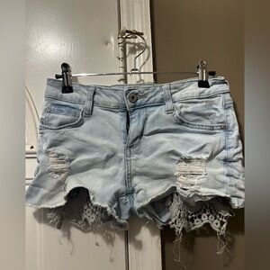 Light Blue Distressed Crochet Hem Women's Denim Shorts